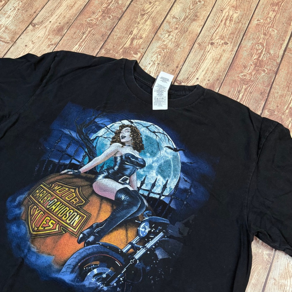 Harley Davidson Graphic T Shirt Mens Extra Large Black Pumpkin Pinup Girl